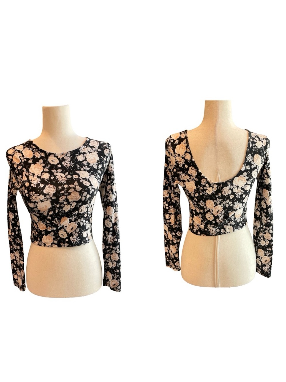 F21 Forever 21 Cropped Long Sleeve Black Floral Rosette Scoop-Back Crop Top S